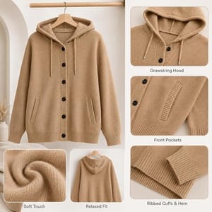 Hooded Button Knit Cardigan, Long Sleeve (Available in Various Colours)
