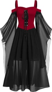Women's Butterfly Sleeve Lace Gothic Medieval Dress Blackish Green