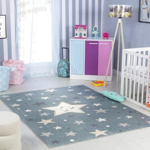 Livabliss Supermama Stars Kids Rug, Washable, Soft, Blue-Grey