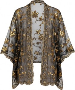 Fosaseua Black Gold Sequin Shawl with Flower