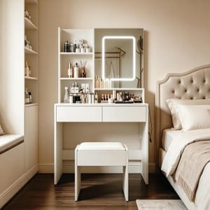 Vanity Makeup Desk with LED Lights and Charging Station