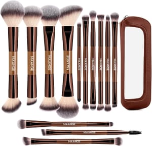 MAANGE 13-Piece Vegan Makeup Brush Set with Case, Coffee Gold