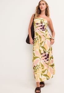 Womens Yellow Leaf Print Bandeau Dress
