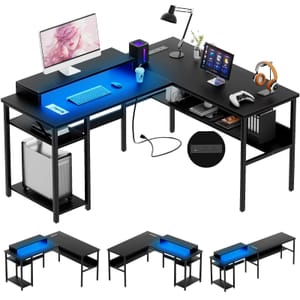 iSunirm L-Shaped Gaming Desk with LED Lights, Black