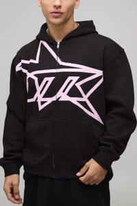 Man Oversized Boxy Star Printed Zip through Hoodie