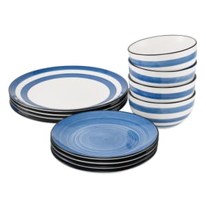 Salcombe Porcelain Blue Dinner Set 12 Piece - 4 Settings with Cereal Bowls