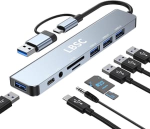 8-in-1 USB-C Hub: USB 3.0/2.0, SD/TF, 3.5mm