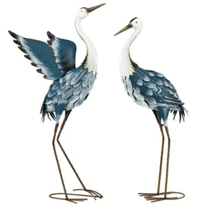 Heron Garden Statues, Metal Garden Gift with Stakes, Blue & White