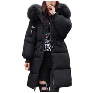 Women's Winter Coat Black Fleece-Lined Quilted Puffer with Hood