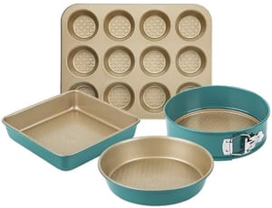 Prestige Nadiya Teal and Gold Round Carbon Steel Bakeware Set, Pack of 4