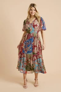 Patchwork Floral Wrap Front Puff Sleeve Tiered Maxi Dress