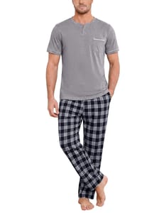 Bresdk Men's Pajama Set, Short Sleeve, Checked Trousers