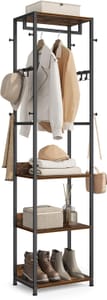 VASAGLE Hall Tree Coat Rack, Shelves, Hooks, Steel Frame, Black/Brown