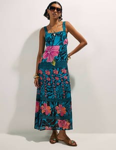 Blue Floral Printed Babydoll Maxi Dress