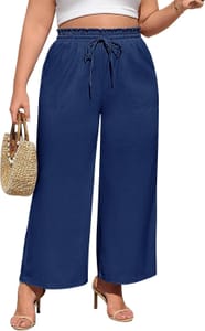 PASUDA Plus-Size Linen Wide-Leg Pants, Elastic Waist, Pockets, Navy