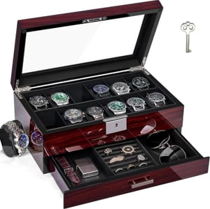 12-Slot Watch Box, 2-Tier Wooden Case, Lockable Glass Lid