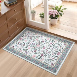 CAROMIO Floral Door Mat 60x100 Cm Non-Slip Washable Blue