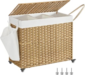 SONGMICS 160 L Laundry Basket with Lid, 3-Compartment Rattan