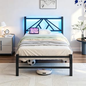 HOJINLINERO Bed Frame with Charging Station and LED Headboard, Black