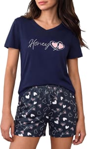 Bresdk Women's Cotton Short Pajama Set, V-Neck, Navy, S