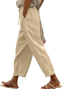 Yutdeng Women's Cropped Linen Cotton Trousers, Elastic Waist, Pockets
