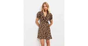Brown Floral Short Sleeve Wrap Mini Dress