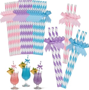 30 Bow-Tie Paper Straws, Pink/Purple/Blue, 7.8in