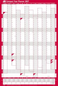Sasco 2027 Compact Wall Planner, Red, Wet-Wipe Pen, 405x610mm