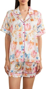 Women Bow Print 2-Piece Pajama Set, Short Sleeve Button-down Shirt