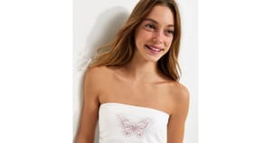 Girls White Cotton Gem Embellished Butterfly Ruched Side Bandeau Top
