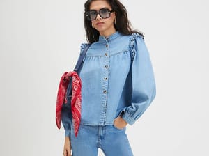 Blue Denim Long Sleeve Ruffle Shirt