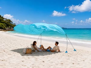 3m X 3m Blue Beach Canopy, Lightweight, Wind Ropes, Sandbags