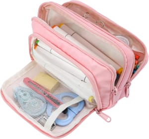 Euqvunn Pencil Case, Large Capacity, 3 Compartments, Pink