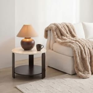 OHS Travertine Effect Two Layer round Sidetable - Dark Wood/Natural