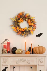 45cm Artificial Pre-Lit Autumn Harvest Wreath for Front Door & Fireplace