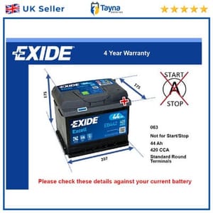 Exide EB442 Car Battery, 420A CCA, 44Ah, 4Yr Warranty, 207x175x175