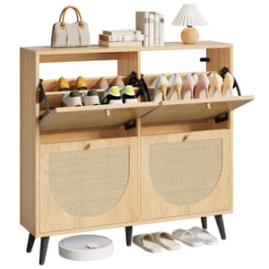 IRONCK Slim Rattan Shoe Cabinet with 4 Flip Drawers