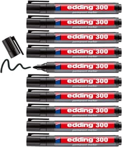 Edding 300 Permanent Markers, Black, 10 Pens, round Tip, Waterproof