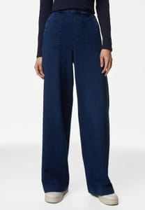 M&S Denim Elasticated Waist Wide Leg Trousers in Medium Blue
