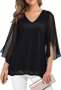 3/4 Sleeve v Neck Chiffon Casual Floral Tunic Top