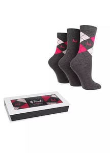 Pringle Pack of 3 Flatlay Argyle Charcoal Ladies Socks in a Gift Box