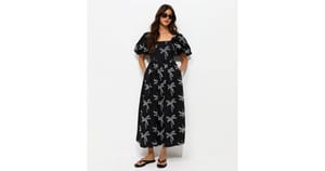 Black Embroidered Palm Tree Puff Sleeve Midi Dress