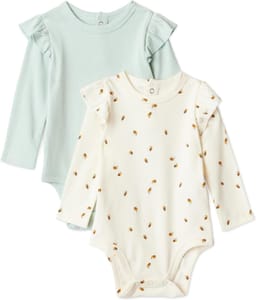 Amazon Essentials Baby Girls' Long Sleeve Ruffled Bodysuit, 2-Pack, 6-9M