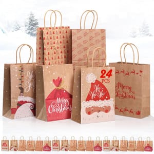 GeeRic 24 Pcs Kraft Christmas Gift Bags with Handles