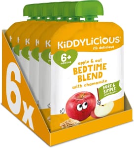 Kiddylicious Bedtime Blend Apple Oat Chamomile Pouches 6+ Months 6x100g
