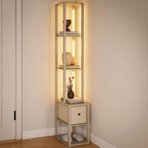 HOMCOM LED Floor Lamp with Shelves and Fabric Drawer, Oak