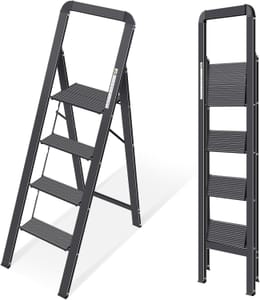 Prime Deal-KINGRACK Folding 4-Step Ladder with Handrail, Non-Slip, Black
