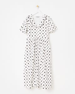 White & Brown Polka Dot Scallop Collar Cotton Midi Dress