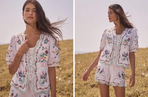 Ivory Embroidered Floral Tie Front Short Sleeve Scallop Blouse