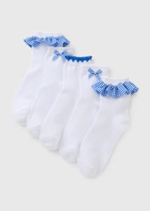 5 Pack Girls Blue Gingham Socks (Younger 6 Blue 4-6.5